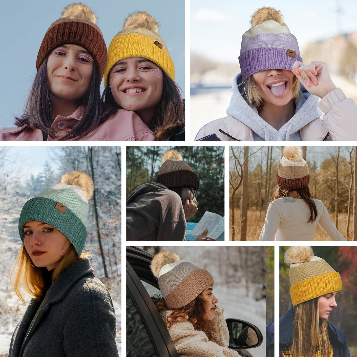 Achiou Winter Women Beanie Hat, Warm Cable Knit Beanies for Women, 3 Color Knitted Hat Skull Cap Faux Fur Pom Fleece Lined Brown