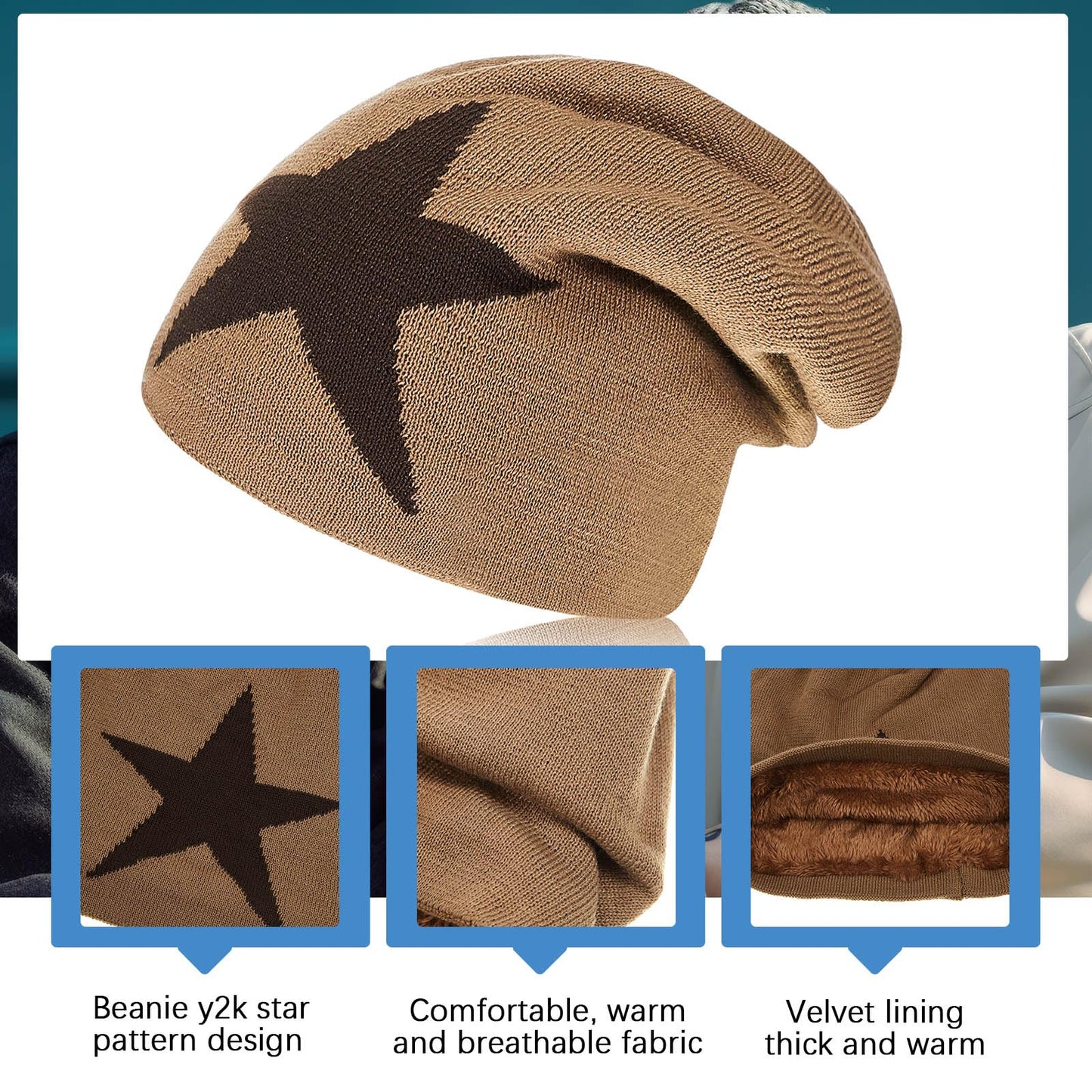 Chuarry 2 Pcs Y2k Hat Grunge Accessories Vintage Goth Graphic Knitted Slouchy Beanies Winter Warm for Men Women Black, Khaki