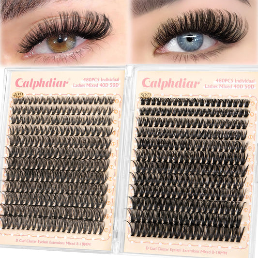calphdiar Lash Clusters Wispy Eyelash Clusters 480PCS 40D+50D Individual Lashes Clusters D Curl Cluster Eyelash Extensions 8-18mm DIY Natural Volume Lash Extension for Beginners
