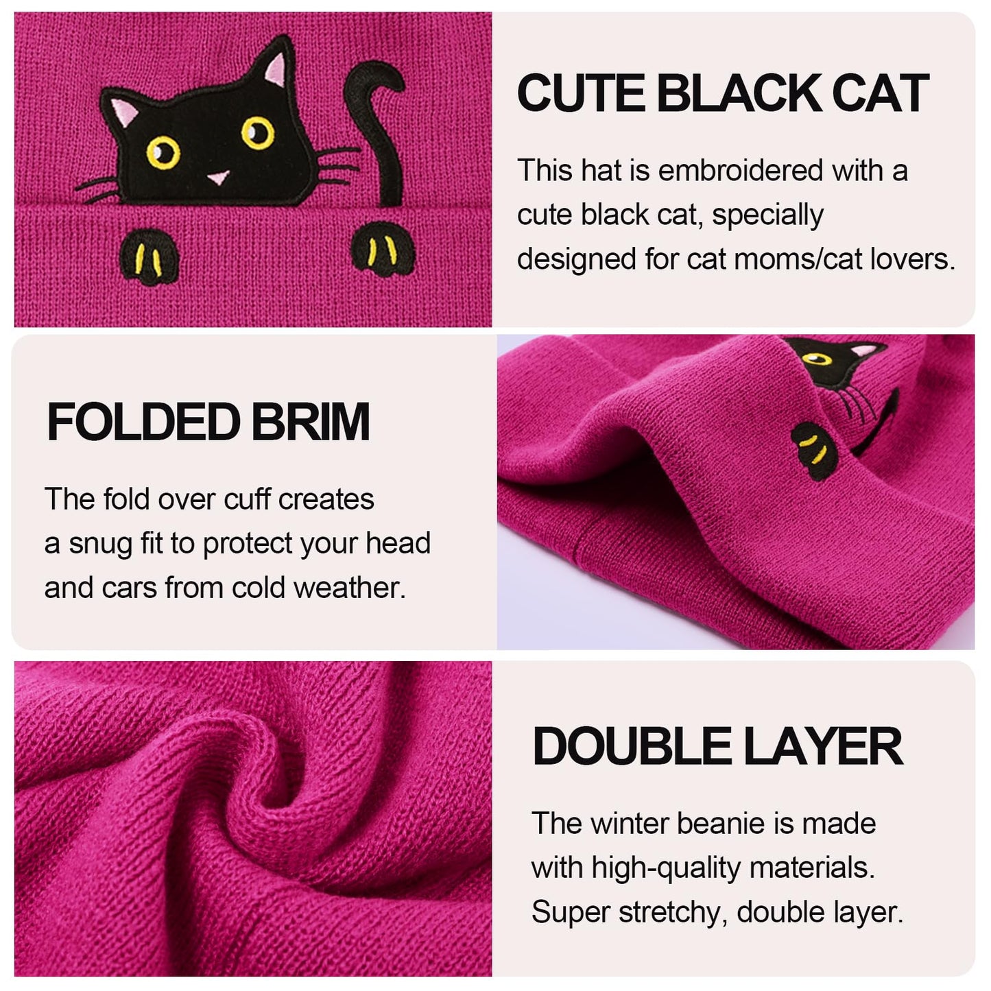 Women's Cat Beanie Knitted Winter Hats for Women Girls with Novelty Socks Cute Cat Lover Gifts Funny Cat Mom Gifts Hot Pink