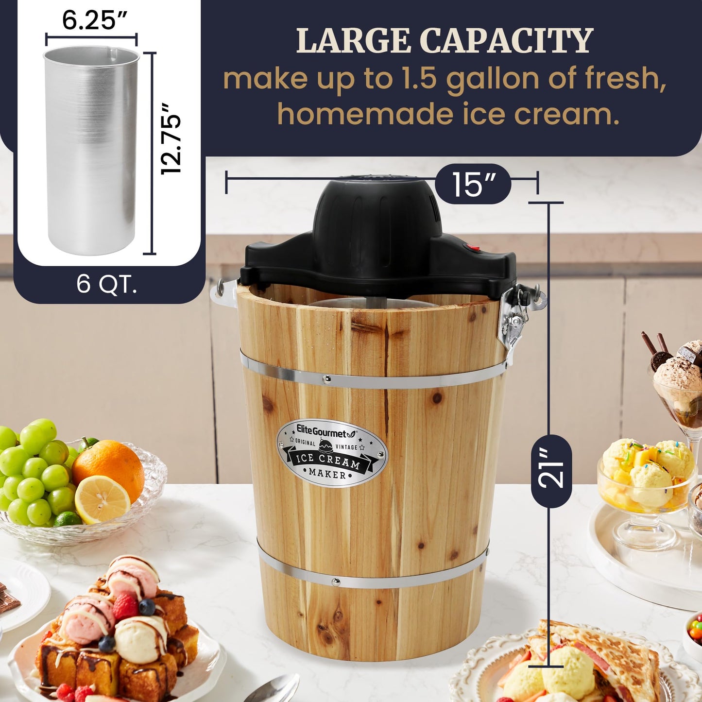 Elite Gourmet EIM916 Old Fashioned 6 Quart Vintage Wood Bucket Electric Ice Cream Maker Machine Appalachian, Bonus Classic Die-Cast Hand Crank for Churning, Uses Ice and Rock Salt