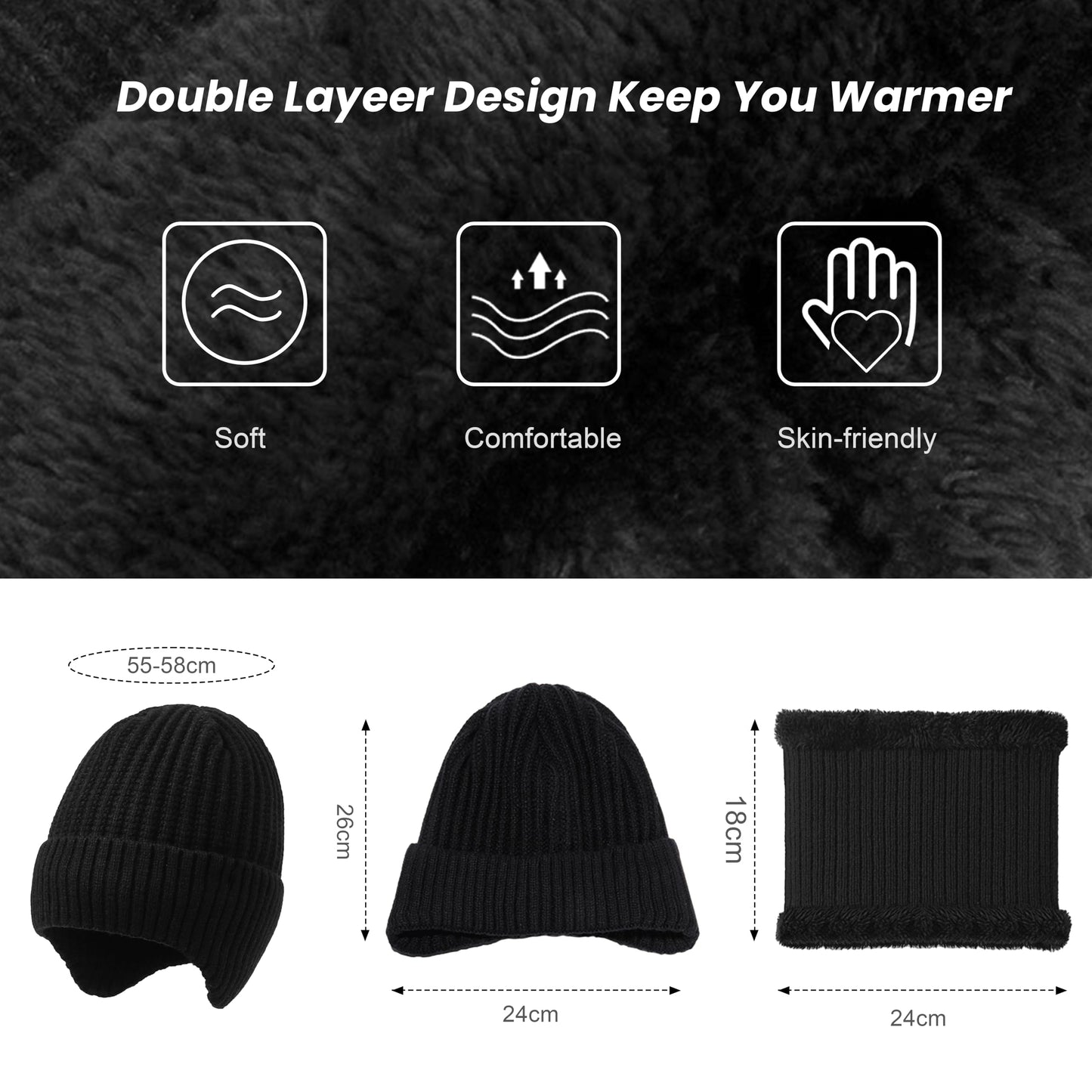 Winter Beanie Hat Scarf for Men and Women,Warm Fleece Winter Hats and Neck Scarf Set,Christmas Gifts for Unisex Adult,Thick Lined Knit Winter Hat Scraf,Black