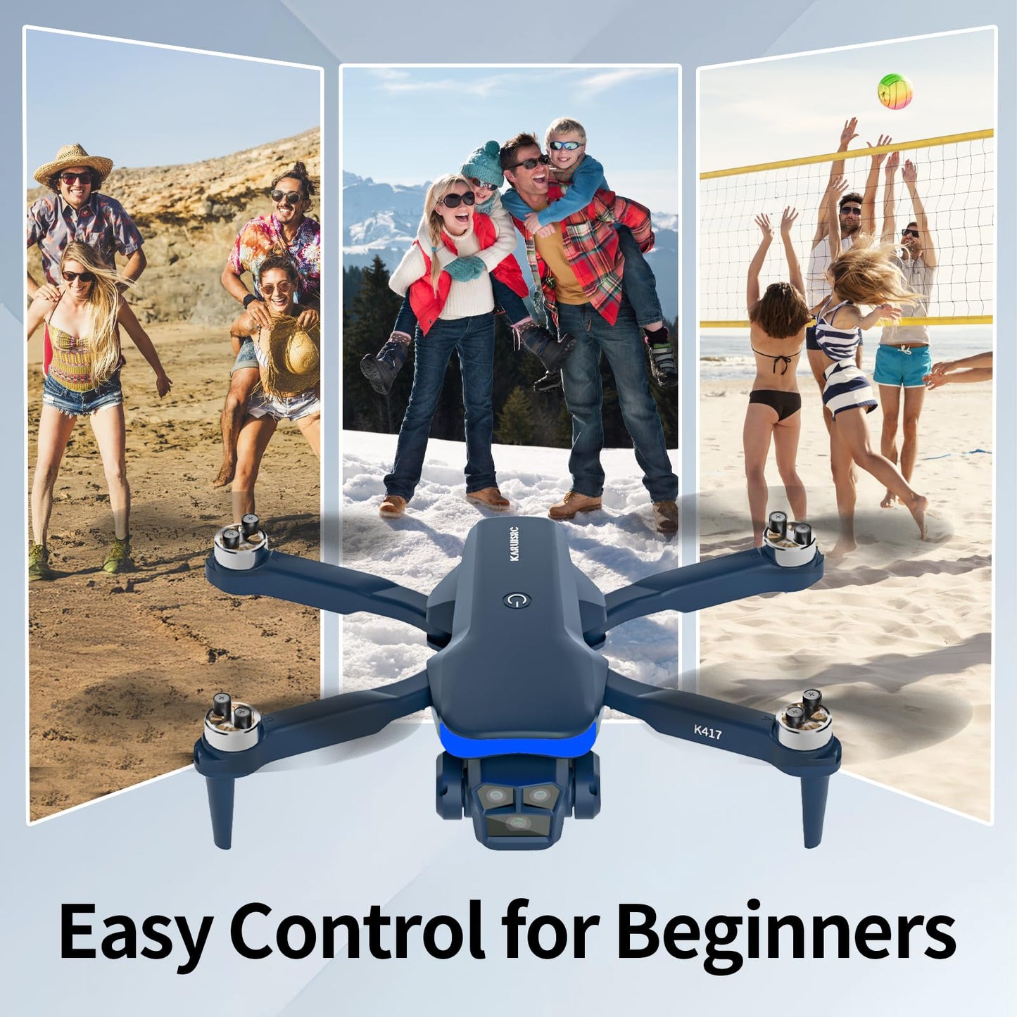 K417 Drone with 2 Cameras 1080P HD 90°Electric Adjustable FPV Drone Transmission,Blue LED Light Foldable Lightweight Remote Control Optical Flow Positioning Altitude Hold 3D Flip,for Adults Beginner