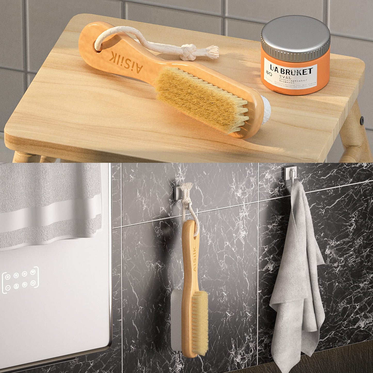 Aisilk Foot Natural Bristle Brush & Pumice Stone Combo W/Rope wooden handle - Exfoliator Pedicures Calluses Remover - Smoother Body skin, feet, elbow Scrubber for Massage SPA Sauna and more