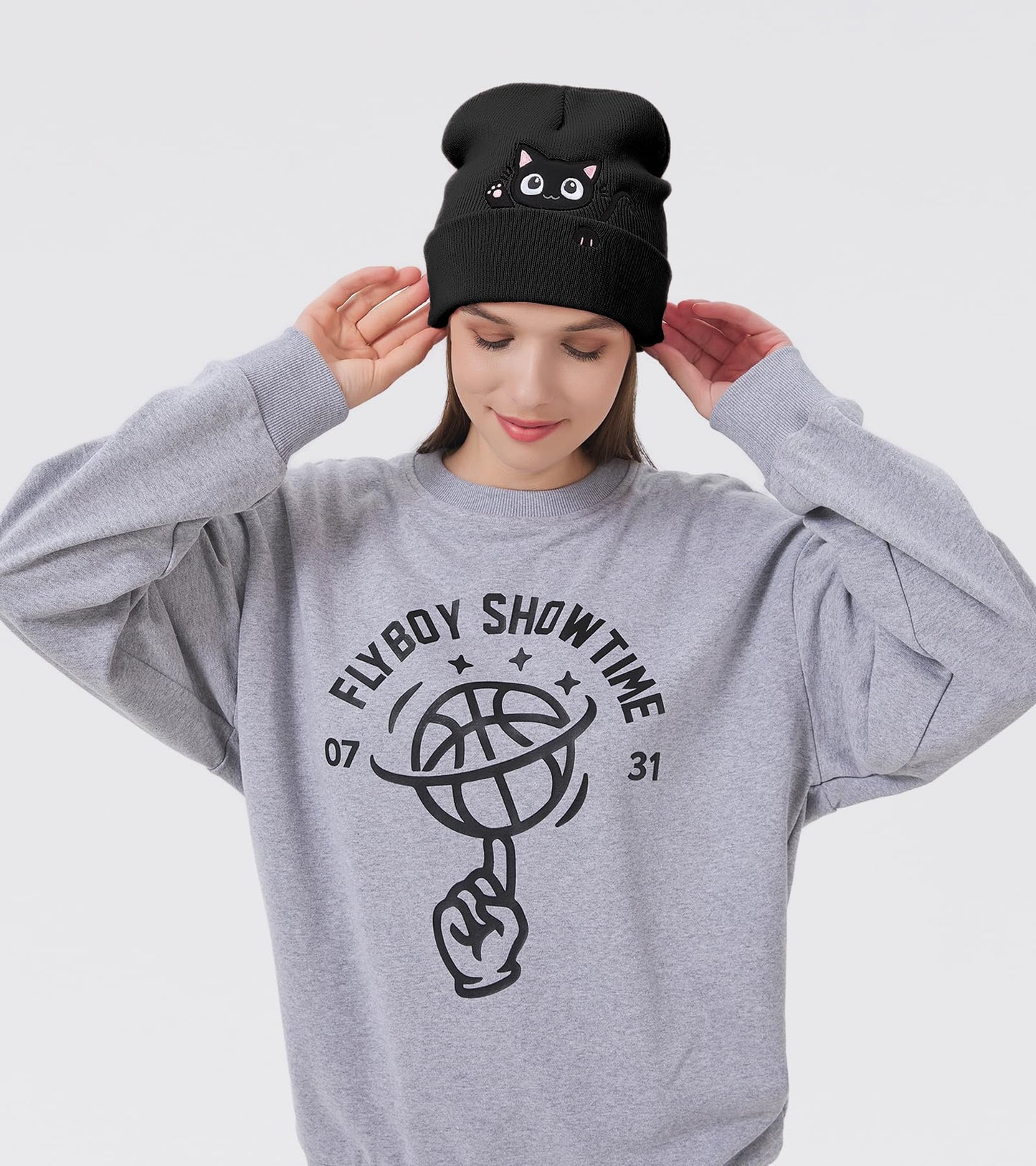 Cat Beanie Hats for Women Cute Cat Lovers Gifts Women's Winter Animal Knitted Hats for Girls (US, Alpha, One Size, Black)