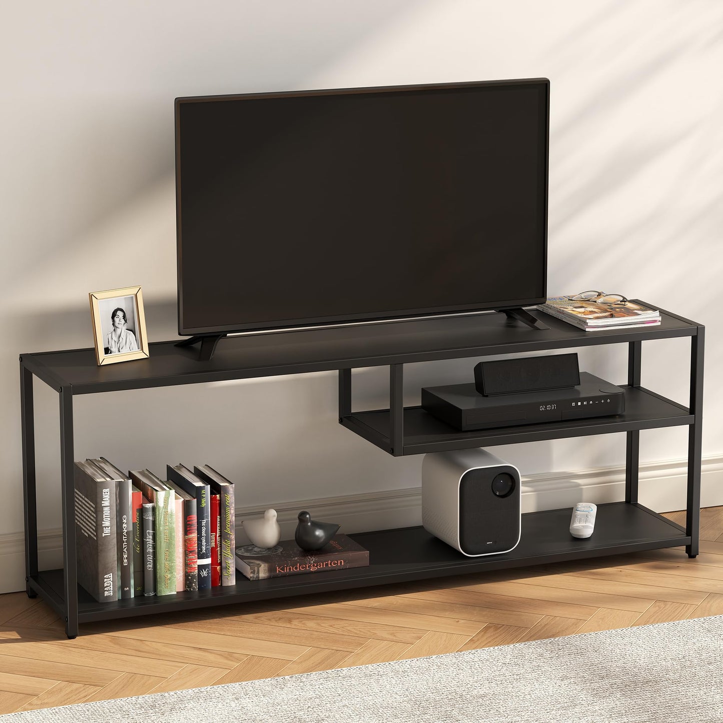 TECHMILLY Modern TV Stand for 55" TV, TV Table with Storage Shelves, Entertainment Center with Metal Frame, TV Console Table for Living Room, Bedroom, Black