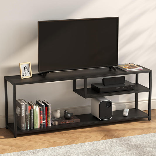 TECHMILLY Modern TV Stand for 55" TV, TV Table with Storage Shelves, Entertainment Center with Metal Frame, TV Console Table for Living Room, Bedroom, Black