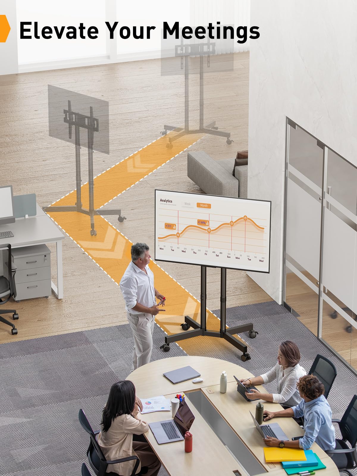 Perlegear Rolling TV Stand, Mobile TV Stand with Wheels for 32-70 inch TVs, Height Adjustable Mobile TV Cart with -15° to +5° Tilt, Rolling Cart for 4K TV Max VESA 400x400mm up to 88lbs, PGTVMC14