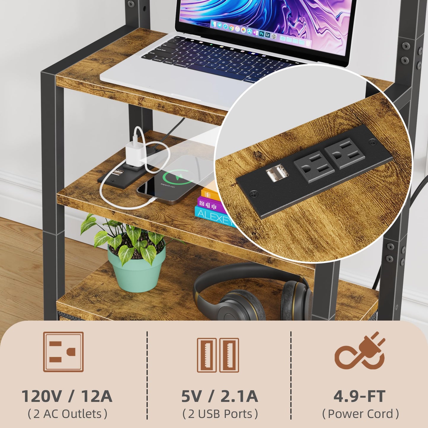 Rolling TV Stand with Wheels and Mount & Fabric Drawer - Entertainment Center with Power Outlet and Small TV Stand for Bedroom, Living Room - 15" Rustic Brown