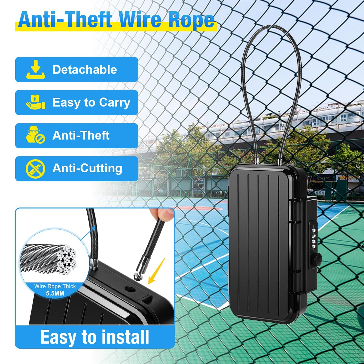 TEUEN Portable Safe Box, Waterproof Anti-Theft Beach Travel Safe Box Combination Security Lockbox with Removable Wire Rope Portable Lock Box for Dorm, Hotel, Home, Office, Car