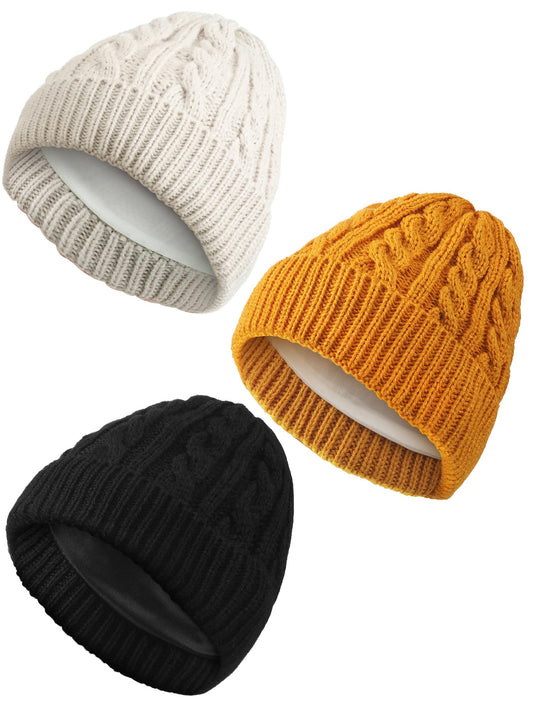 3 Pieces Kids Satin Lined Knit Beanies Winter Hat Child Warm Ski Skull Caps for Girls Boys Baby Toddlers 3-12 Years (Black, Beige, Ginger,Simple Style)