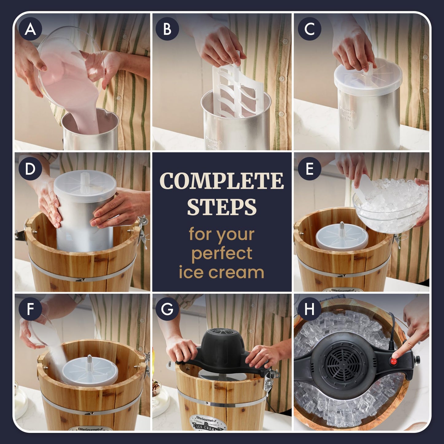 Elite Gourmet EIM916 Old Fashioned 6 Quart Vintage Wood Bucket Electric Ice Cream Maker Machine Appalachian, Bonus Classic Die-Cast Hand Crank for Churning, Uses Ice and Rock Salt