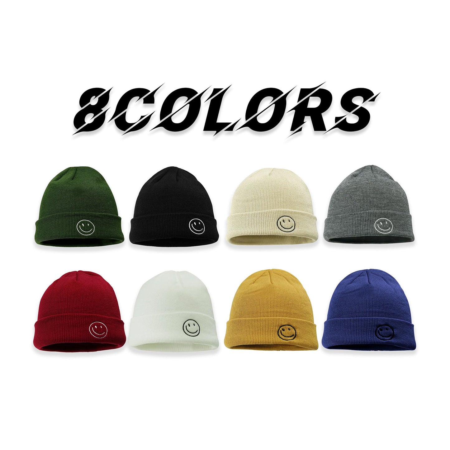 Croogo Winter Warm White Beanie Swag Knit Cuff Knitted Hat Smile Face Embroideried Fisherman Beanie Ski Caps,White-KH27