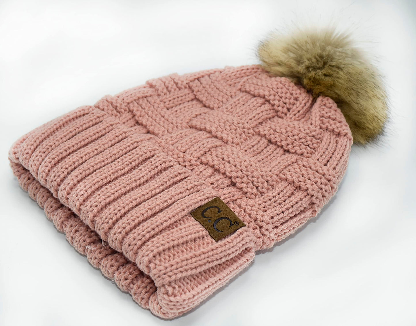 C.C. Beanie Thick Warm Fuzzy Sherpa Fleece Lining Ribbed Knitted Stretch Faux Fur Pom Beanie Hat