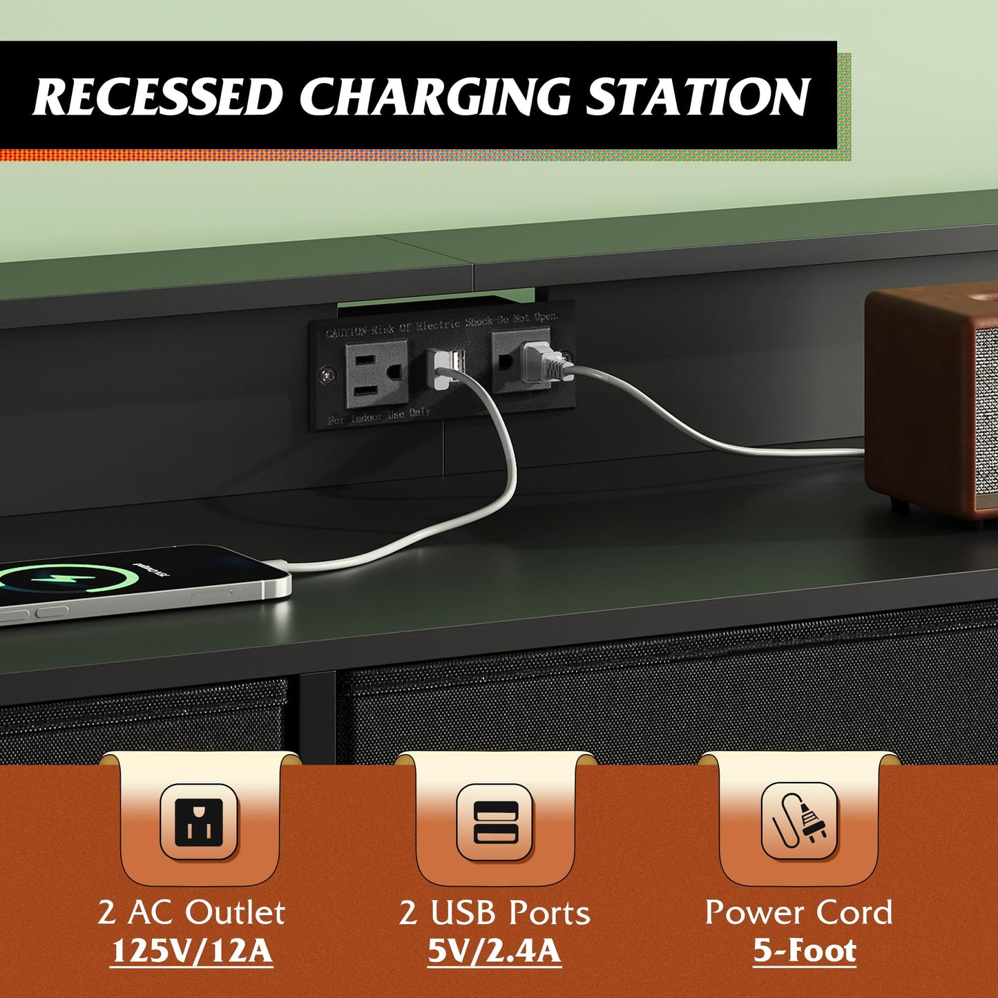 WLIVE Black Dresser TV Stand for 50, 55 inch, Led Dresser for Bedroom, Chest of Drawers with LED Lights, Charging Station, Clothes Storage with 9 Drawers, Wood Top, Living Room, Closet