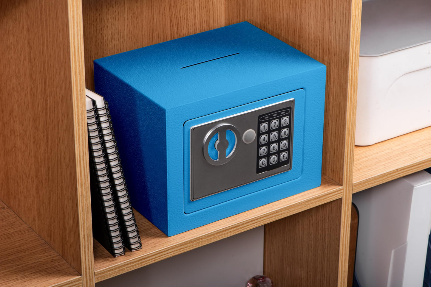 Small Safe Box With Digital Keypad & Keys - 9.05 x 6.7 x 6.7 Inches Wall Safe 0.23 Cuft Mini Security Lock for Money, Cash, Coin, Jewelry - Home Office Hotel Rooms Business (Blue2)