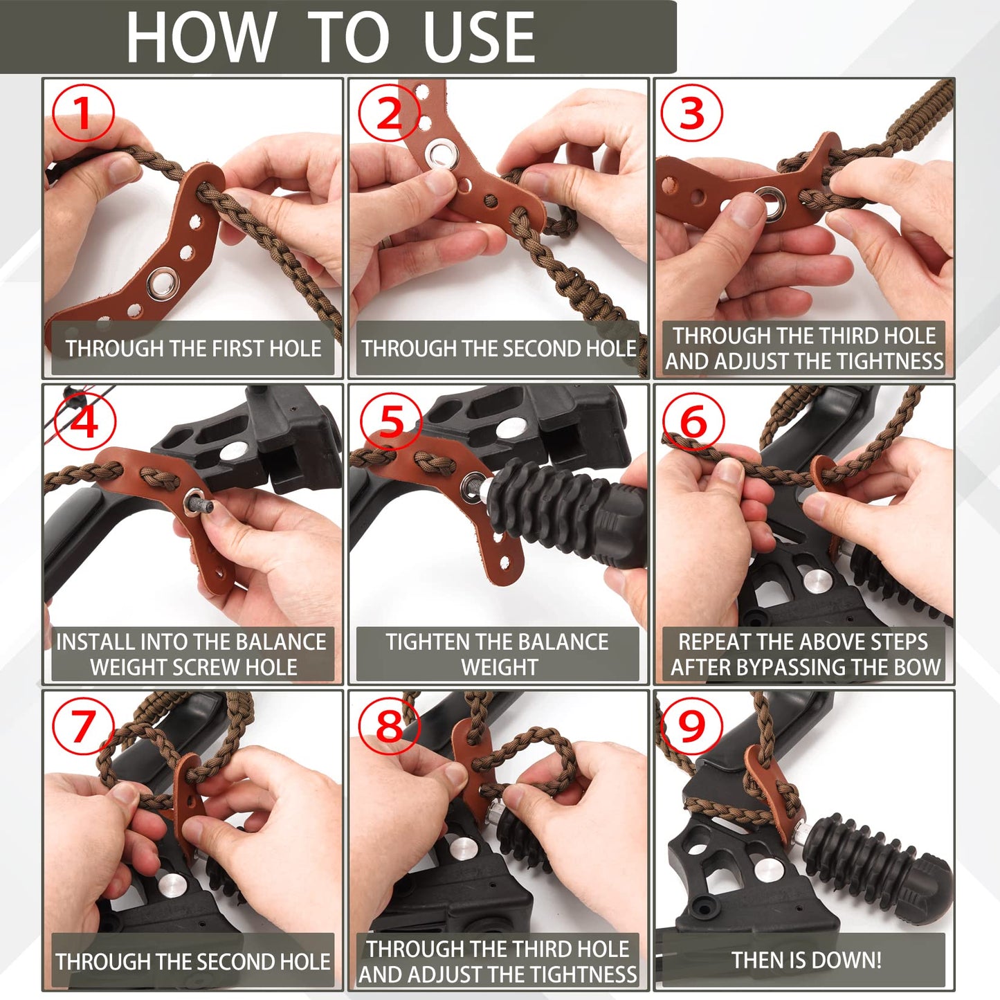 Elm Ray Archery Bow Wrist Sling 550 Paracord,Durable 100% Full Grain Leather with Strong Metal Grommet,Comfortable and Light,Fit Compound Bow Stabilizer & Recurve (Brown)