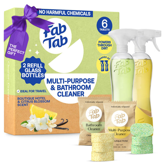 Fab Tab Tablet Cleaner, Multi-Purpose & Bathrom Cleaner for Eco-Concious Cleaning, Non Harmful & Chemical-Free Formula, Convenient Refills with 2 Glass Bottles, Luxury Hotel Scent (6 Refill Tablets)