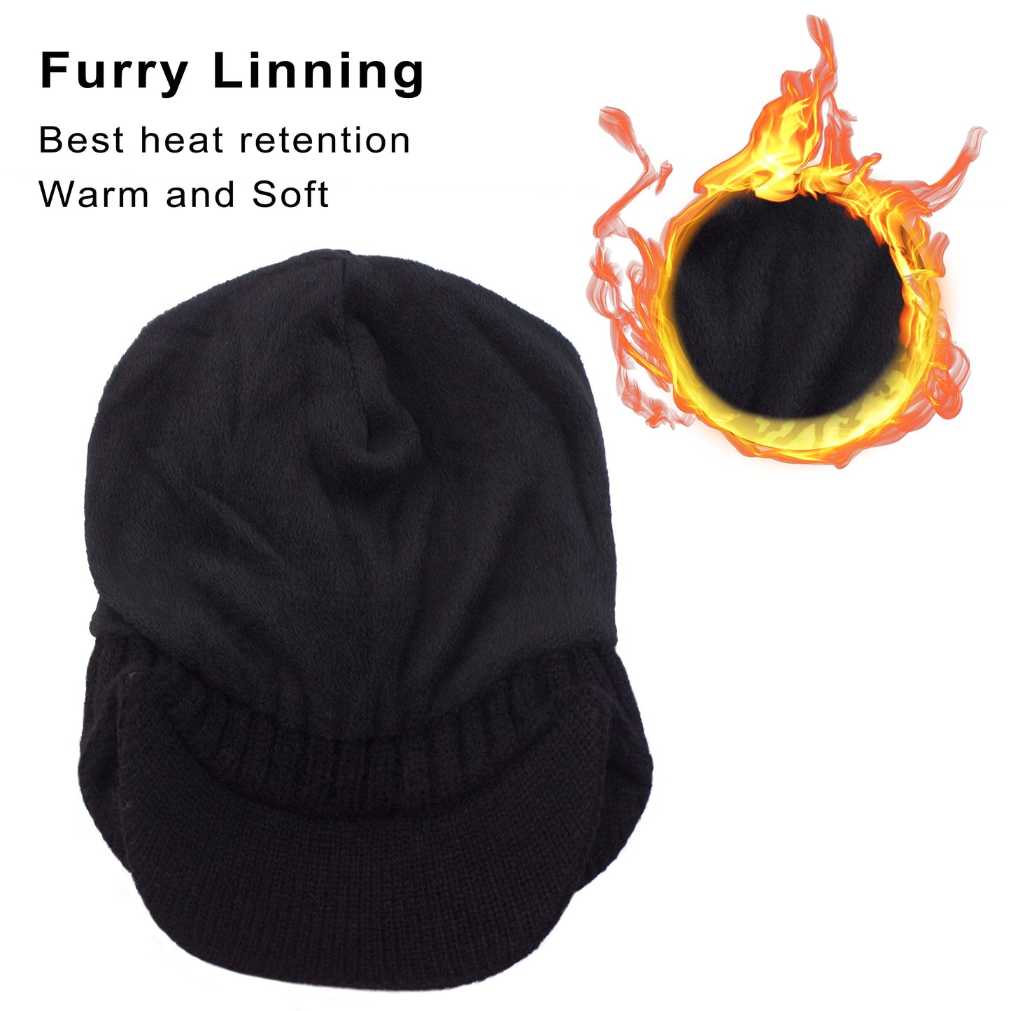 Muryobao Men Winter Beanie Hat Soft Fleece Lined Cuff Knit Hats with Visor Warm Earflaps Newsboy Skull Ski Cap Black