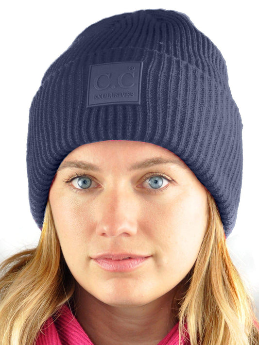 C.C Unisex Winter Thick Knit Plain Cuff Skull Cap Beanie Hat, Navy