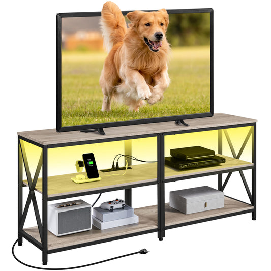 Yaheetech TV Stand with Power Outlet, Industrial Entertainment Center with LED Lights for 65 Inch TV, 3 Tiers Tv Console with Charging Station for Living Room, Media Console with Shelves, Gray