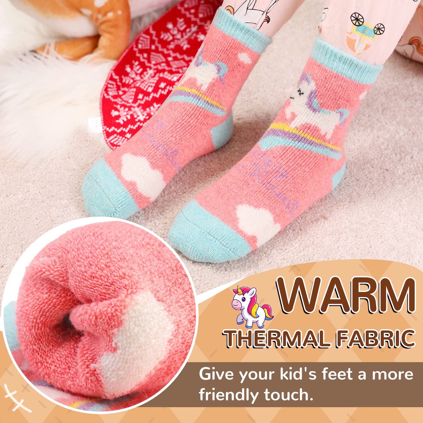 Kids Merino Wool Socks Boys Girls Hiking Boot Winter Thermal Warm Cozy Soft Toddler Thick Crew Socks 6 Pairs (6 Pairs Unicorn C, 1-3 Years)