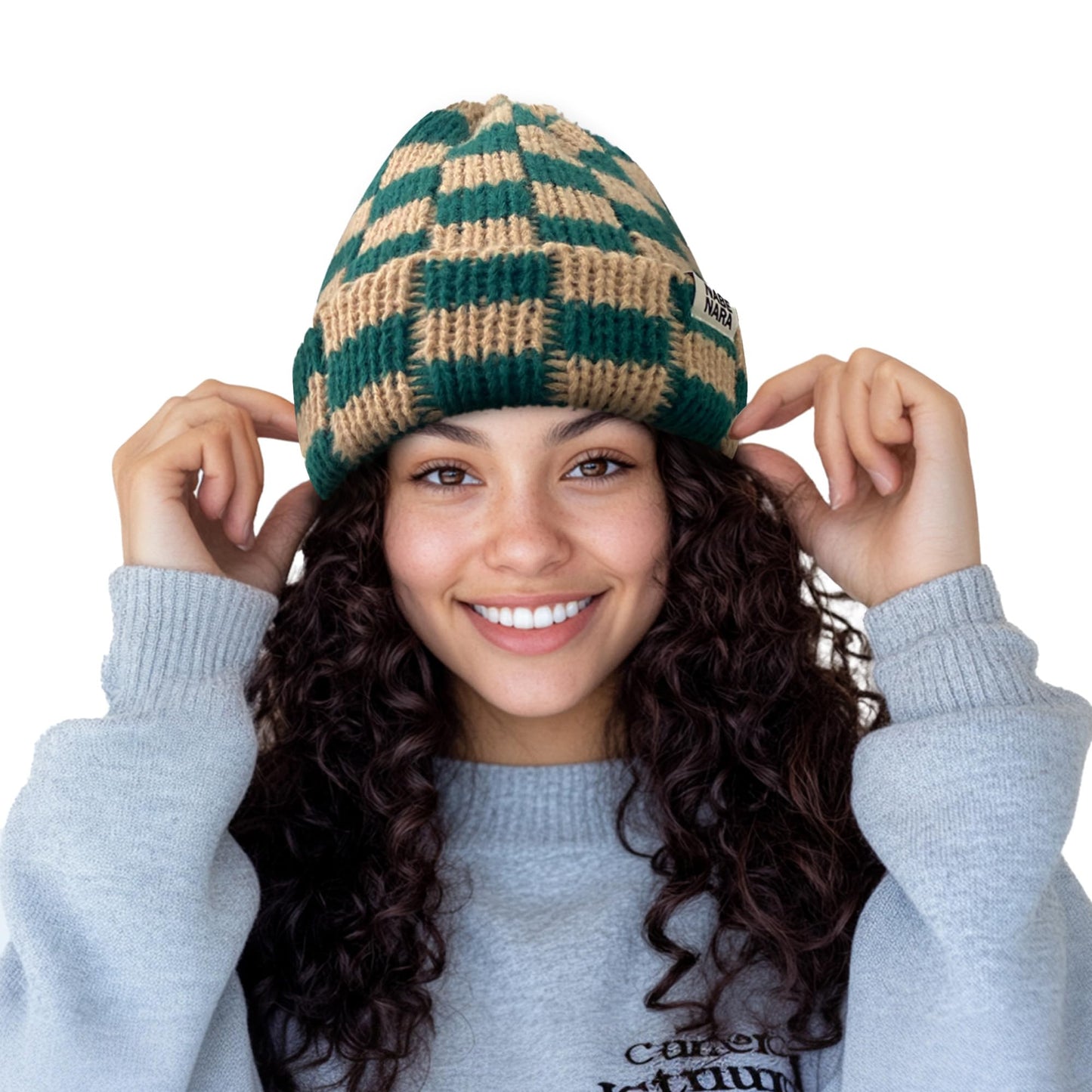 CLAPE Winter Warm Soft Skullcap Slouchy Knitted Ski Cap Daily Toboggan Cap for Outdoor Plaid Stocking Caps, Khaki-Green