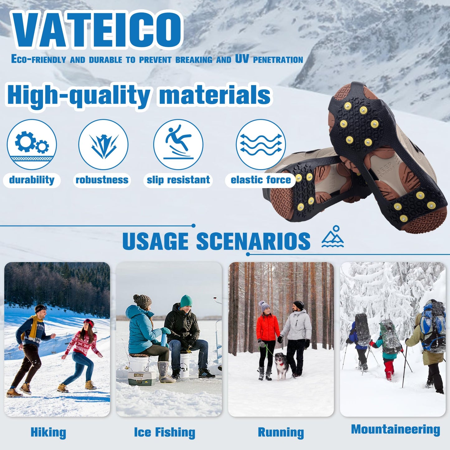 Ice Cleat Snow Traction Cleats for Shoes Boots Anti-Slip Overshoe Crampons with 10 Studs Ice Rubber Walking Cleats Slip-on Stretch Footwear for Kid Women Men Large