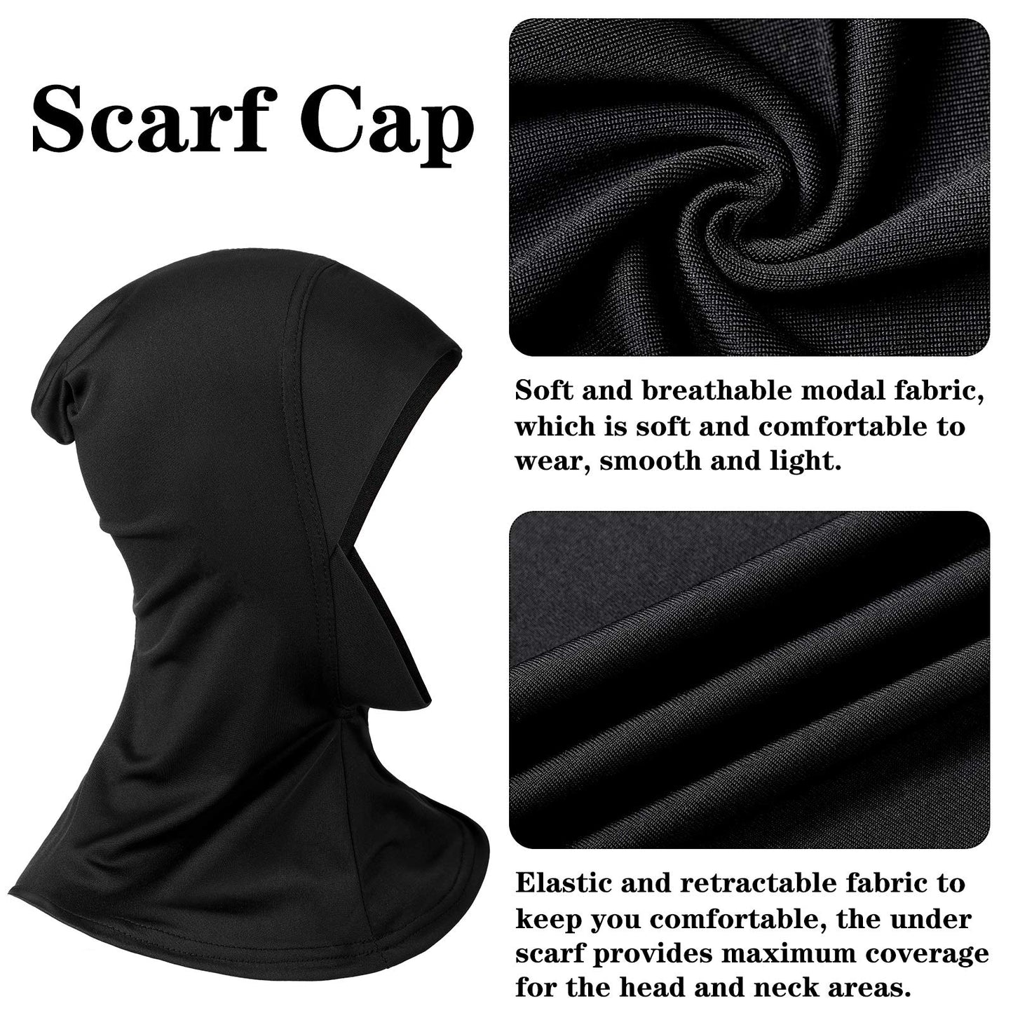 2 Pieces Modal Hijab Cap Adjustable Muslim Stretchy Turban Full Cover Shawl Cap Full Neck Coverage for Lady (Black)