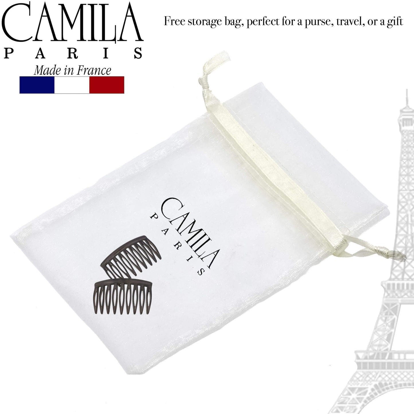 Camila Paris CP3110 French Hair Side Comb, Small, Curved Gray French Twist Hair Combs Decorative, Strong Hold Hair Clips for Women Bun Chignon Up-Do Styling Girls Hair Accessories, Made in France