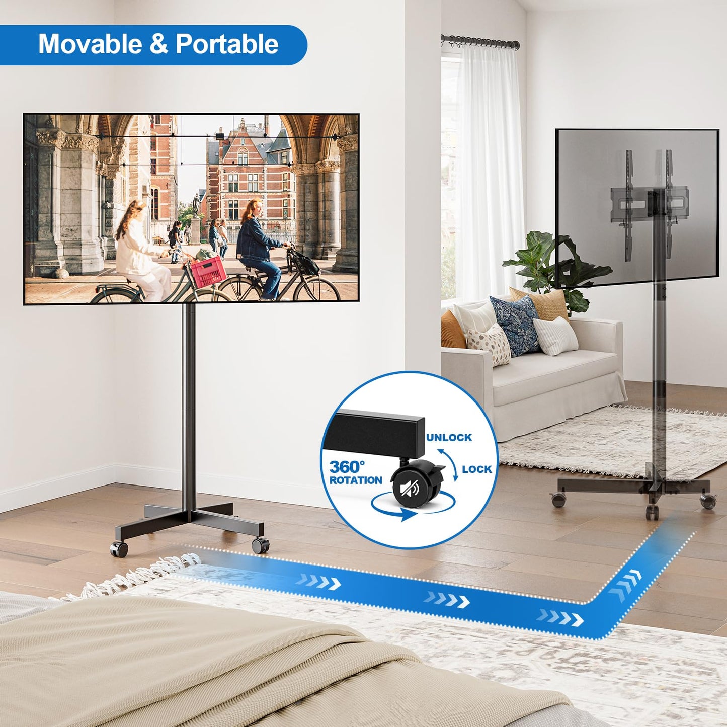 HOLMAXD Mobile TV Cart Rolling TV Stand for 23-65 Inch LCD LED OLED 4K Smart TVs up to 110lbs, Height Adjustable Portable AV Cart with Wheels and Tilt Mount, Outdoor TV Stand Mount, Max VESA 400x400mm