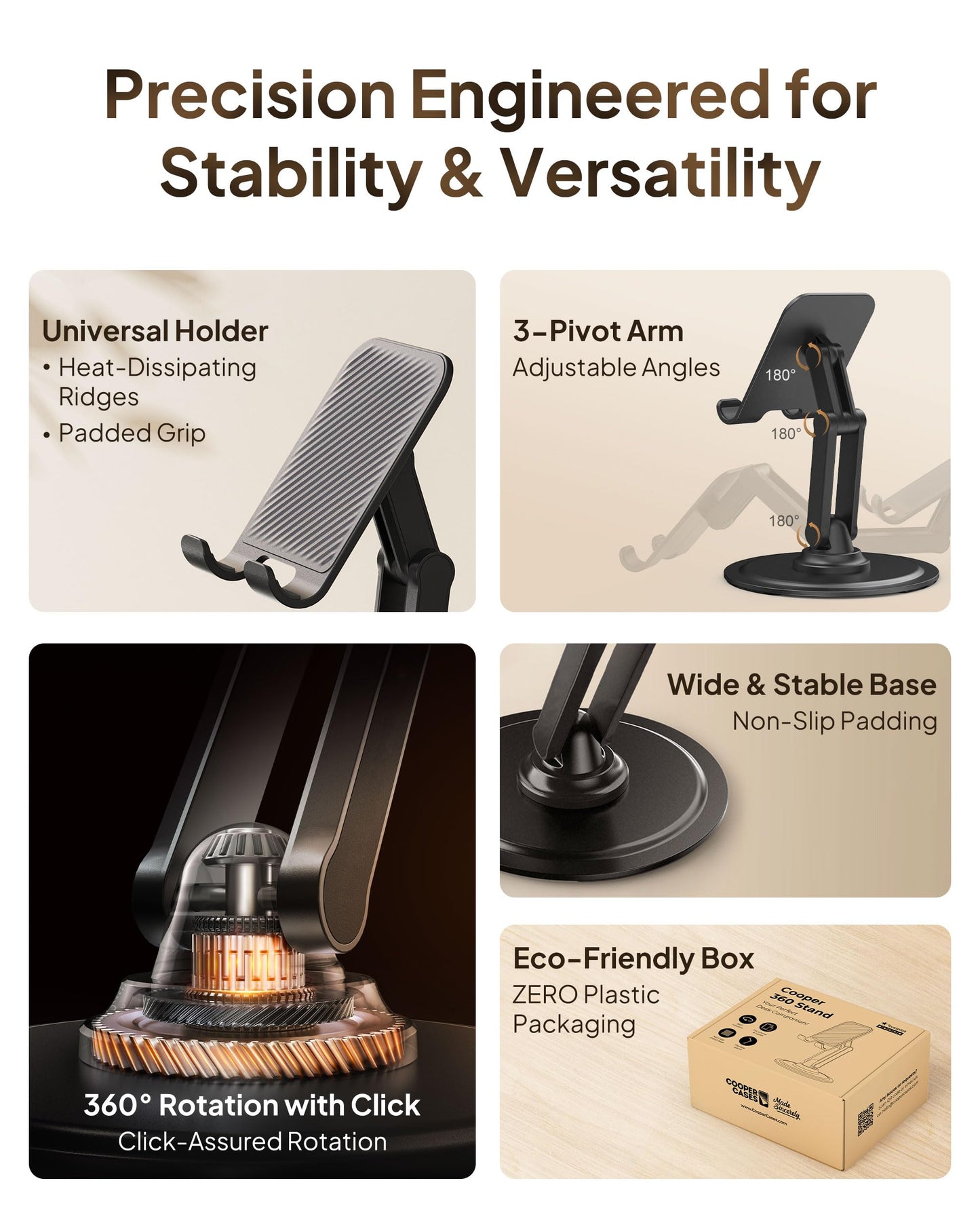 COOPER 360° Stand, Rotating Cell Phone Stand for Desk | Sturdy Metal Base, Foldable, Portable | Cell Phone Holder for Desk (Piano Black)