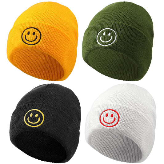 Unittype 4 Pcs Knit Beanie Hats for Men Women, Smile Face Embroidered Soft Winter Unisex Hats Warm Ski Beanies for Women, 4 Colors