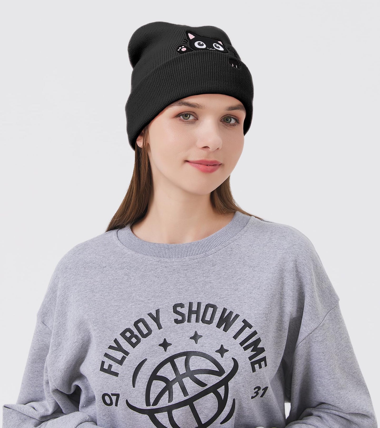 Cat Beanie Hats for Women Cute Cat Lovers Gifts Women's Winter Animal Knitted Hats for Girls (US, Alpha, One Size, Black)