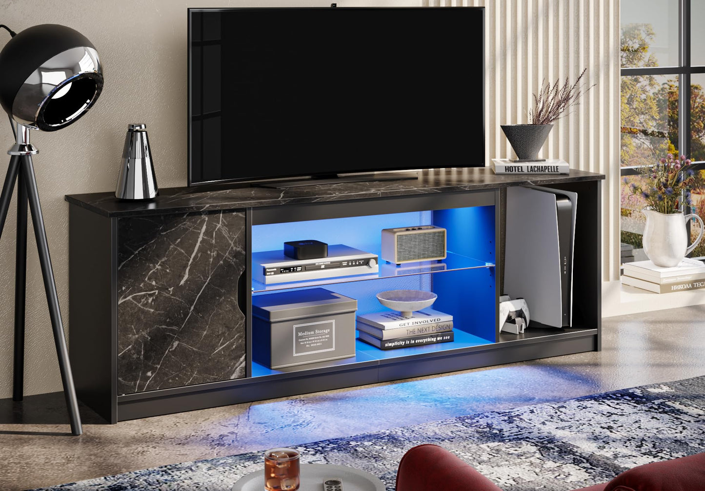 Bestier 57" Gaming LED TV Stand for 55/65 inch TV, Media TV Cabinet for PS5/Xbox Storage, Modern Entertainment Center for Living Room, Adjustable Glass Shelves, Black Marble