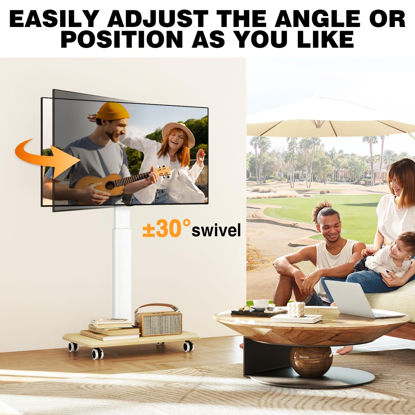 TVON Rolling TV Stand for 32 to 65 70 Inch TVs, Elegant Floor TV Stand with Wheels, Mobile TV Cart with 9 Levels of Height Adjustment for Optimal Viewing, White Floor Stand for Living Room