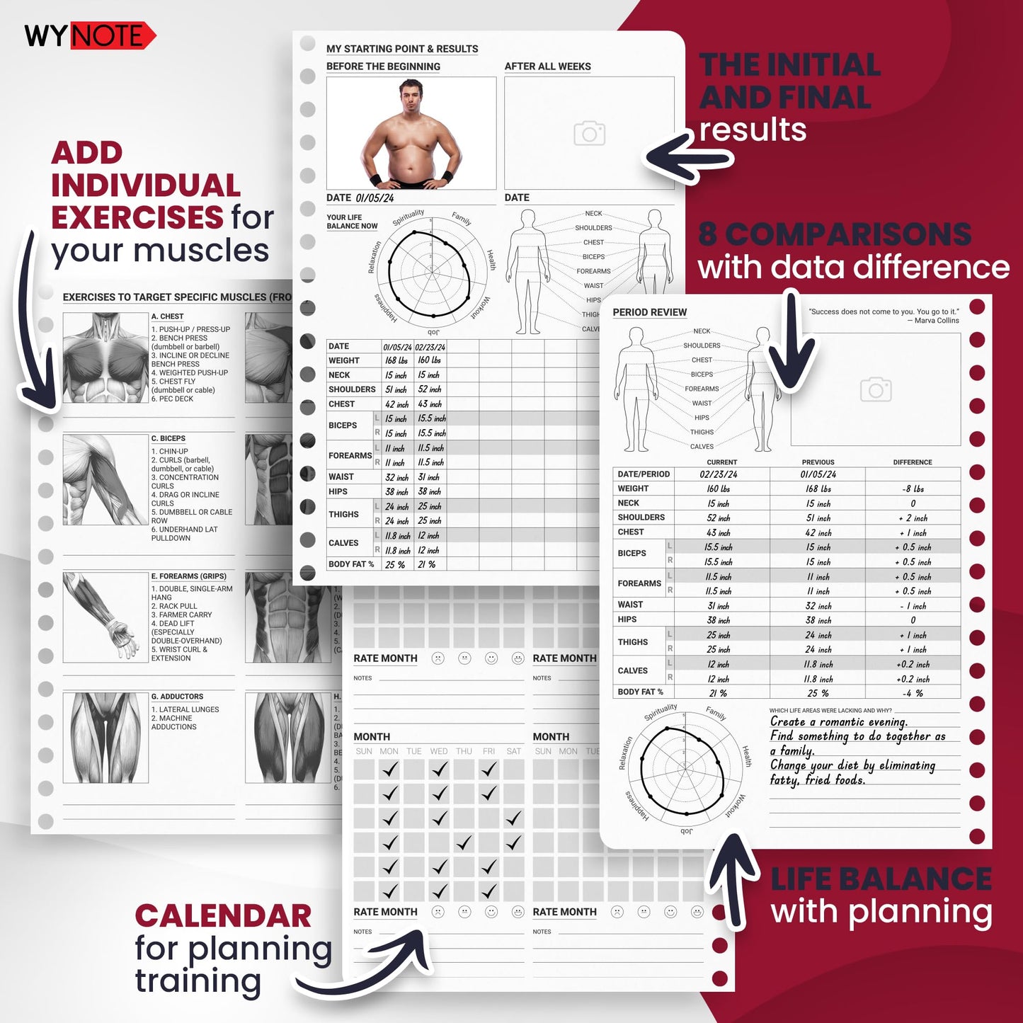 Fitness Journal Burgundy on 150+ Workouts + Yearly Calendar + 55 Tracking Values - A5 Workout Journal with Fat tracking - Planner to 12 items to track + 7 comparative periods + Goals