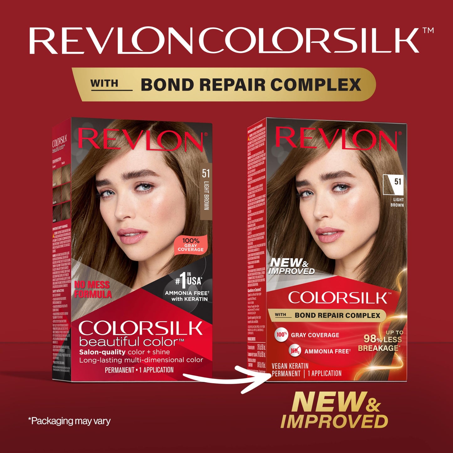 Revlon ColorSilk with Bond Repair Complex, Brown Permanent Hair Color, 100% Gray Coverage, Ammonia Free Hair Dye, Vegan Keratin, 51 Light Brown (Pack of 3)