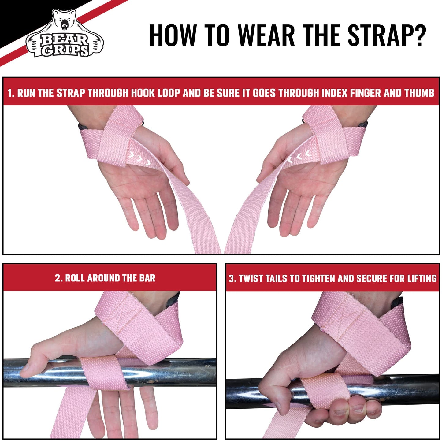 Bear Grips Lifting Straps Gym, Wrist Straps for Weightlifting, Gym Straps, Weightlifting Straps, Deadlift Straps, Weight Lifting Straps for Men, Weight Straps Lifting Women, 2 Lifting Strap Pink
