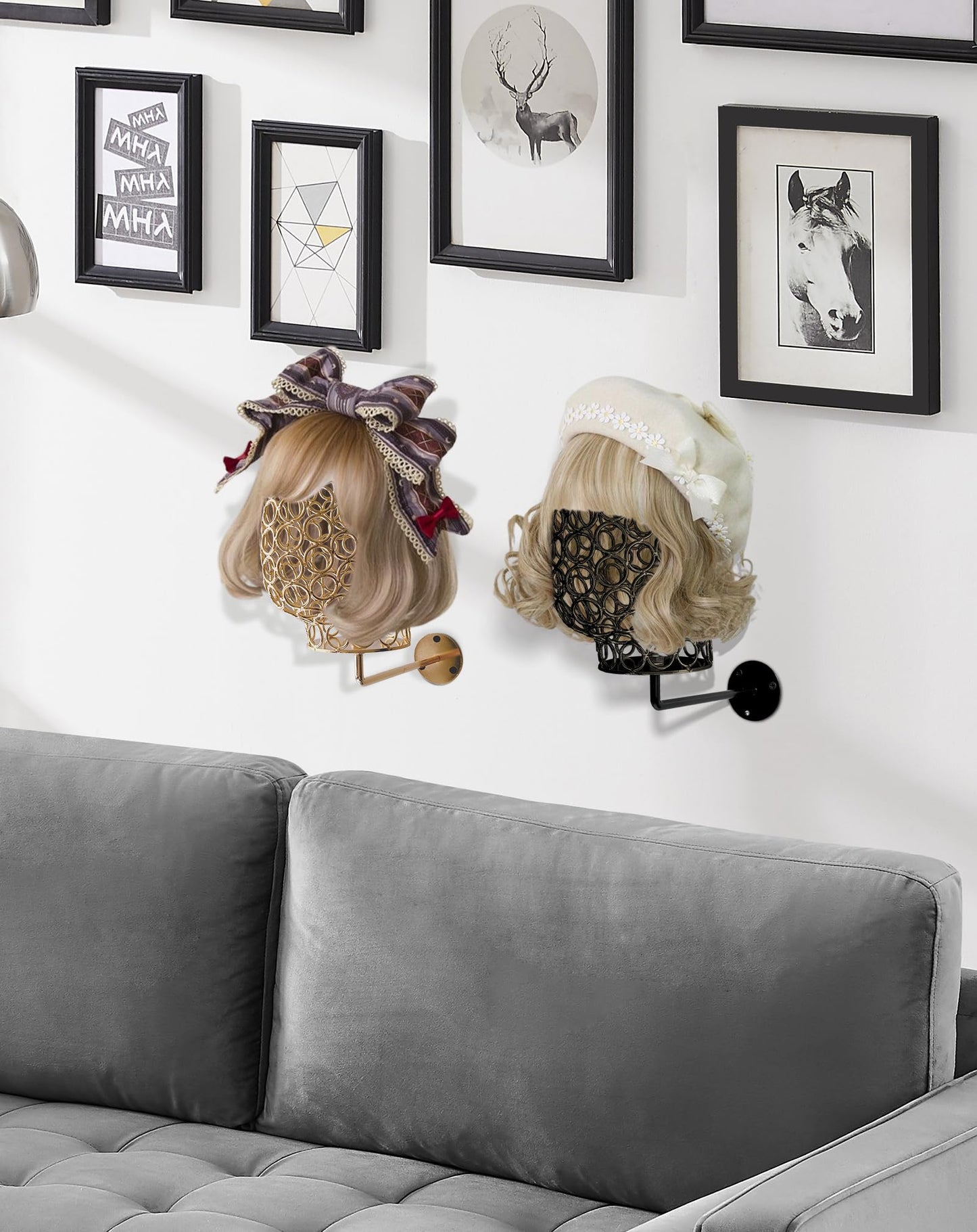 CHADWICK Wall Mount Hat Stand - Metal Hollow Mannequin Head Stand, Hanging Wig Holder 21Inch, Drying and Storage Organizer Rack, Display for Wigs, Caps, Earrings - Chrome Gold