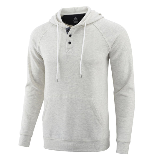 Demucy Mens Hoodies Casual Long Sleeve Cotton Sweatshirt Fashion Drawstring Pullover Henley Shirts with Kanga Pocket OATMEAL/DARK BLUE XL