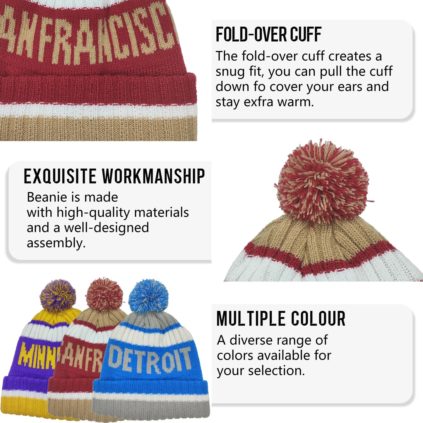 San Francisco Beanie Knit Hat with Pom Winter Cuffed Cap Sport Fans Gift