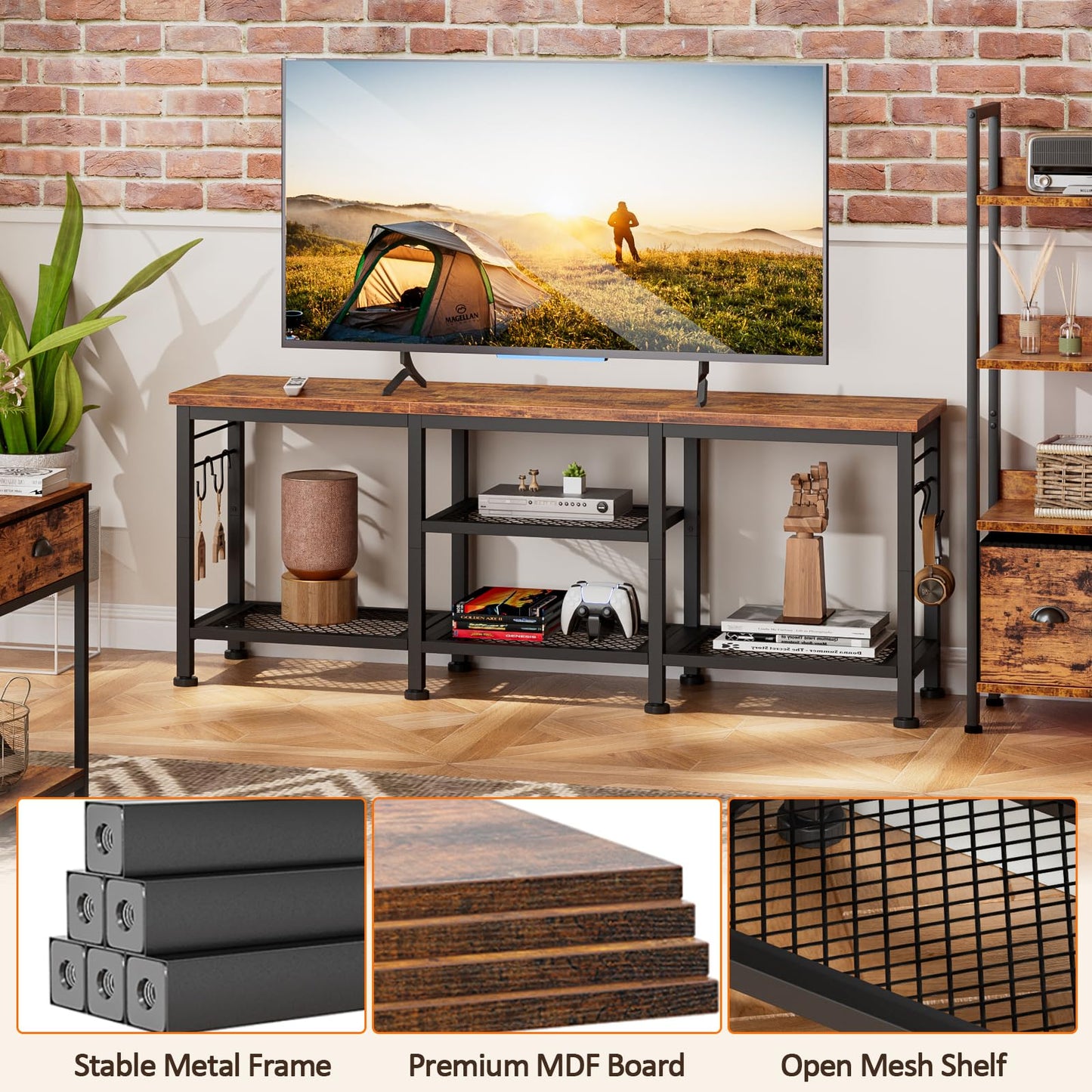 Furologee TV Stand for TVs up to 55 Inch, Entertainment Center with Open Storage Shelves, TV Media Console Table with Soundbar Shelf for Living Room, Bedroom, Rustic Brown