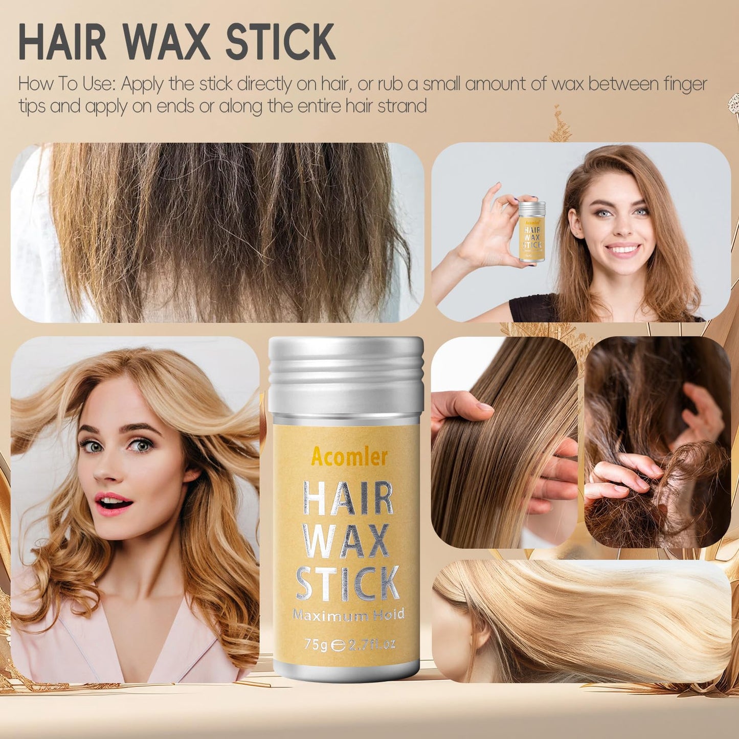 Acomler Hair Wax Stick,Wax Stick for Hair,Hair Wax Stick for Flyaways,Flyaway Hair Tamer Stick,Edge Control Slick Stick for Hair Non-greasy,Styling Hair Pomade for Women&Kids (Hair Wax Stick 2 Pack)