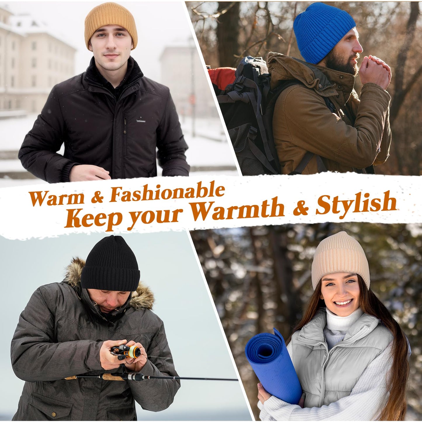 NAHOSY Beanie Hats for Women Men, Soft Alpaca Wool Warm Winter Caps Unisex Fashion Knit Cuffed Cap Ski Hat, Caramel