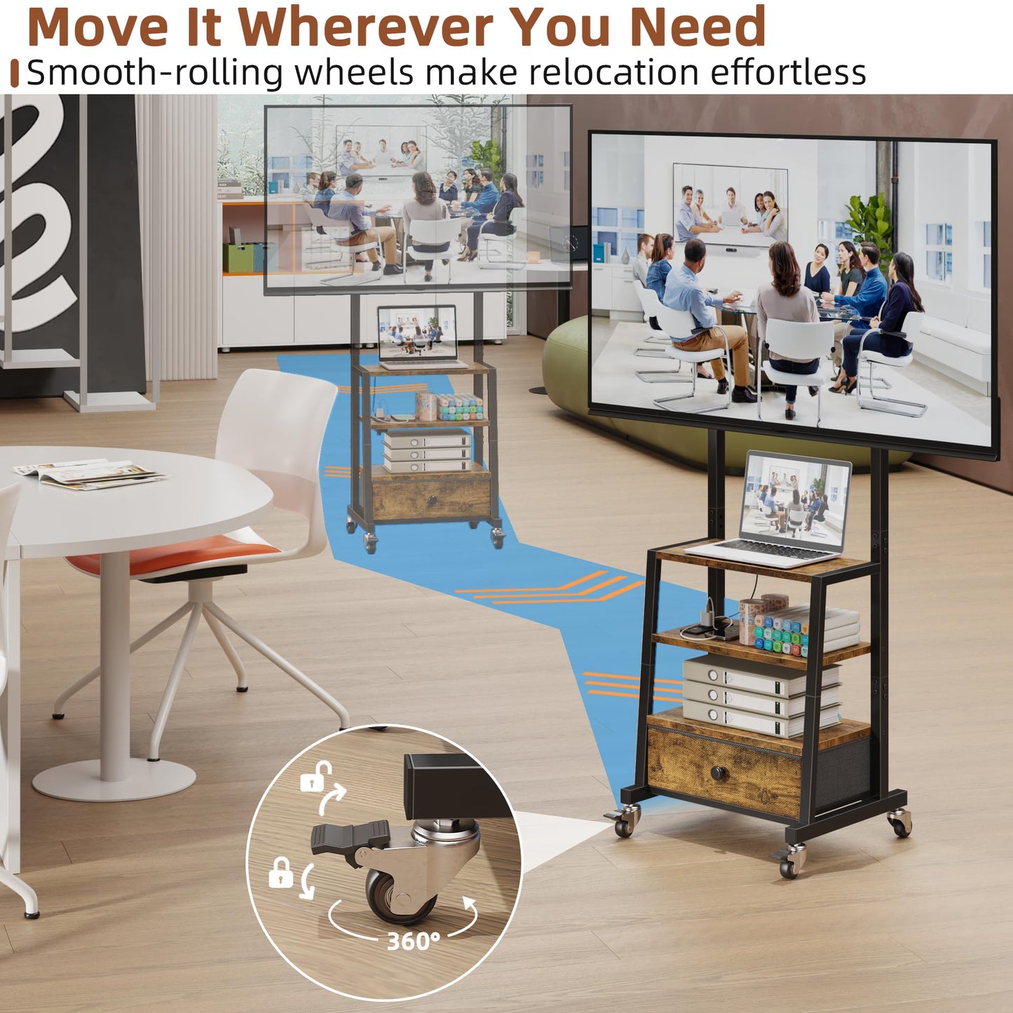 Rolling TV Stand with Wheels and Mount & Fabric Drawer - Entertainment Center with Power Outlet and Small TV Stand for Bedroom, Living Room - 15" Rustic Brown