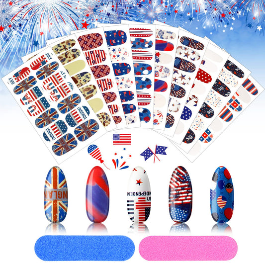 Maitys 140 Pcs 10 Sheets Patriotic Full Wrap Nail Stickers 4th of July Polish Strips Gradient Stickers Memorial Independence Day Glitter Self Adhesive DIY Art Strips with 2 Pcs Nail Files