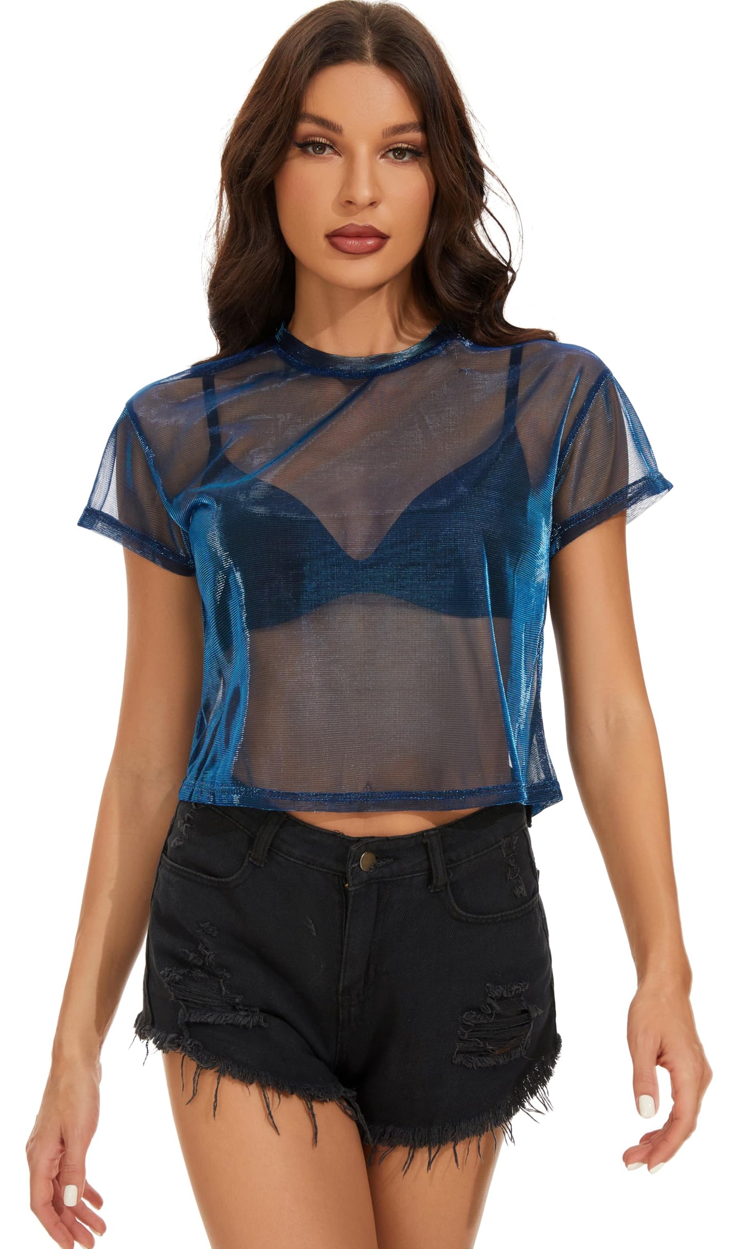 Mesh Tops for Women Short Sleeve Loose See Through Sheer Cover Up Blouse Clubwear (Metallic Shimmer Blue,S)