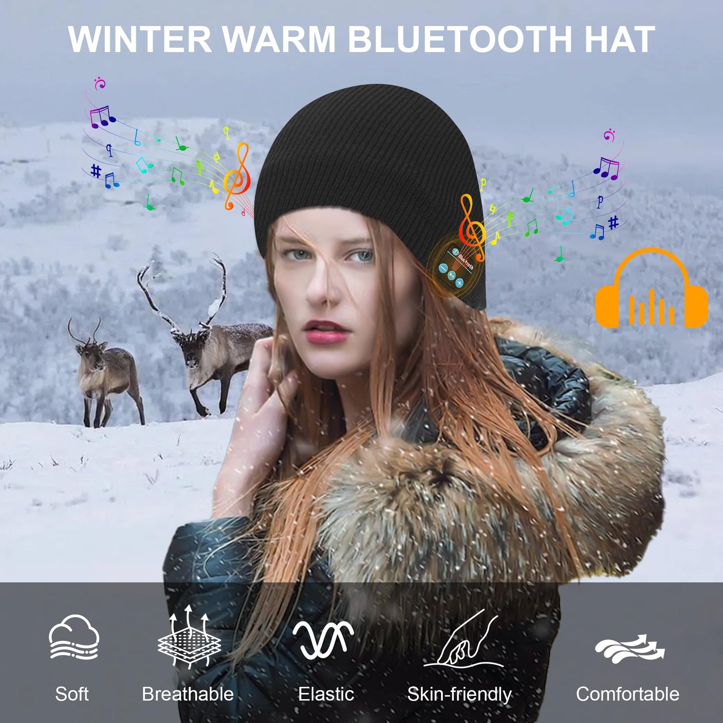 Bluetooth Beanie for Men & Women, Winter Knit Music Hat with Cordless Headphones, 24 Hour Play time, Built-in Microphone and HD Stereo Speakers, Unique Christmas Tech Gifts for Outdoor Homes Black