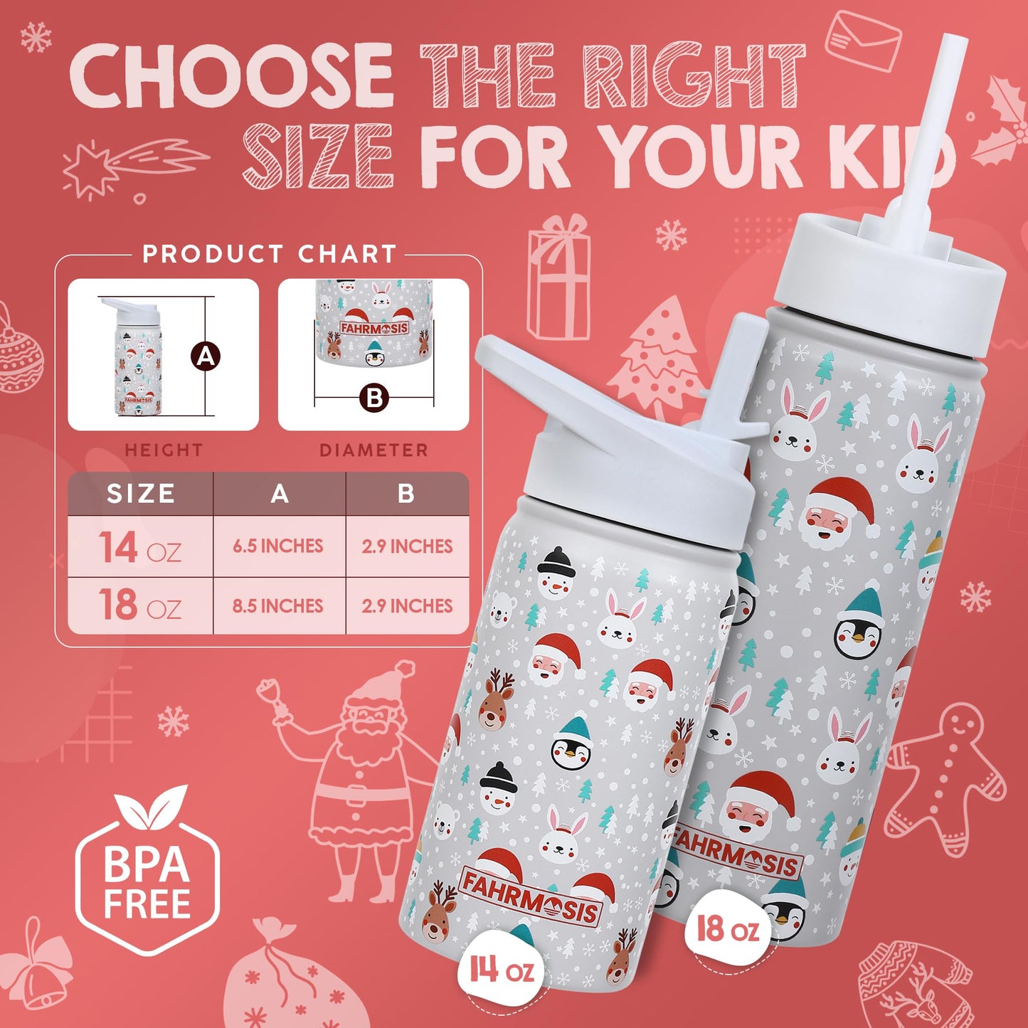 FAHRMOSIS 18 oz Kids Water Bottle | Insulated Water Bottle with Straw & 2 Lids | Reusable Double Insulated Water Bottle - Leakproof Kids Water Bottle for School & Outdoor Activities - White (Winter)